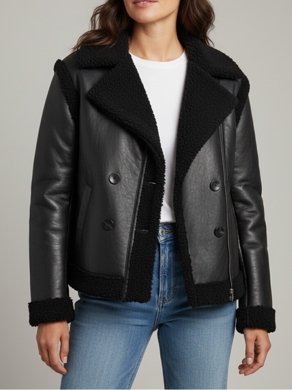 Elie Tahari Black Double-Breasted Shearling-Trim Leather Jacket